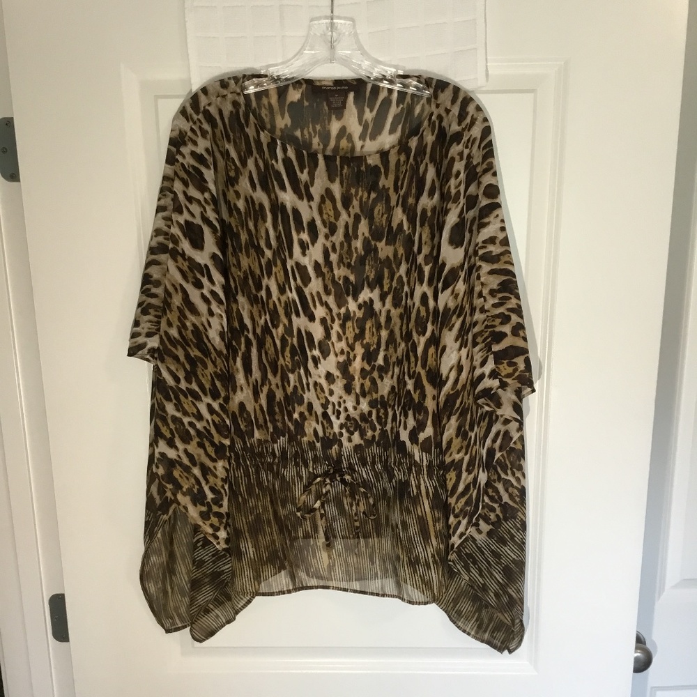 Andrea Jovine Ladies Pullover Sheer Leopard Print Top Brown/Tan/ Black Size M